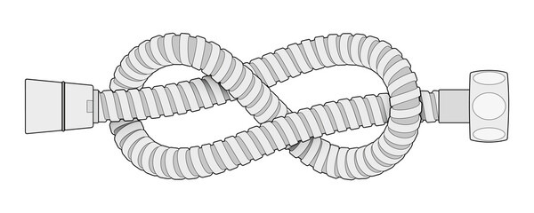 Shower hose with connecting screws bent into eight knot. Drawing vector illustration with editable outlines.