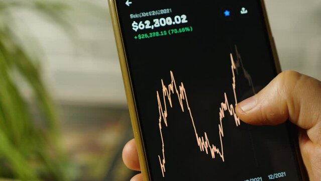 Checking Bitcoin price in a mobile app for cryptocurrencies. Finger looks at the yearly chart of Bitcoin price drop and rise
