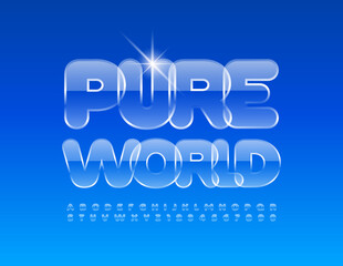Vector eco concept Pure World. Shiny crystal Font. Transparent Alphabet Letters and Numbers set