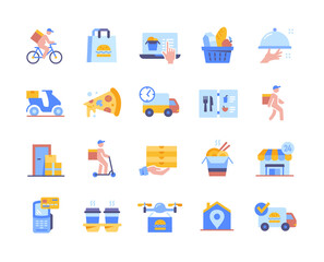 Food delivery colorful icon set. Bunch of stickers with courier, basket of groceries, cashless payment, online menu and hot pizza. Cartoon flat vector collection isolated on white background