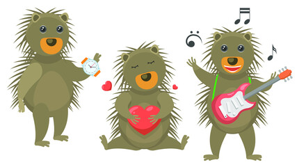 Set Abstract Collection Flat Cartoon Different Animal Porcupine Looks At The Clock, Hugs The Heart, Plays Guitar Vector Design Style Elements Fauna Wildlife