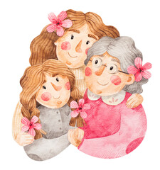 Watercolor illustration for Mother's Day or International Women's Day. Hand drawn picture of mother, daughter and grandmother.