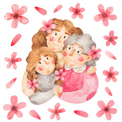 Watercolor set of illustrations for Mother's Day or International Women's Day. Hand drawn picture of pink flowers and petals, mother, daughter and grandmother.