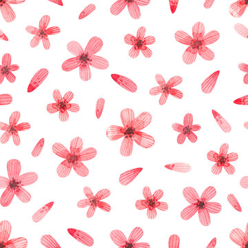 Watercolor hand-drawn seamless pattern with pink flowers and petals