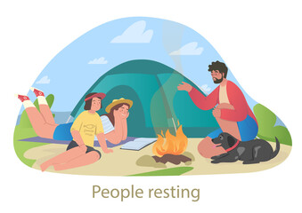 Obraz na płótnie Canvas People resting in nature on adventure holidays. Family with child and dog sits by campfire and tells each other interesting stories. Traveling or hiking in forest. Cartoon flat vector illustration
