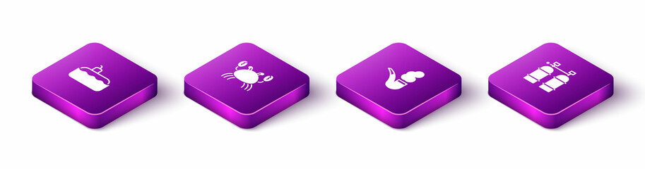 Set Isometric Submarine, Crab, Smoking pipe and Aqualung icon. Vector