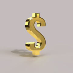 Dollar icon. 3d render of golden dollar symbol isolated on white background.