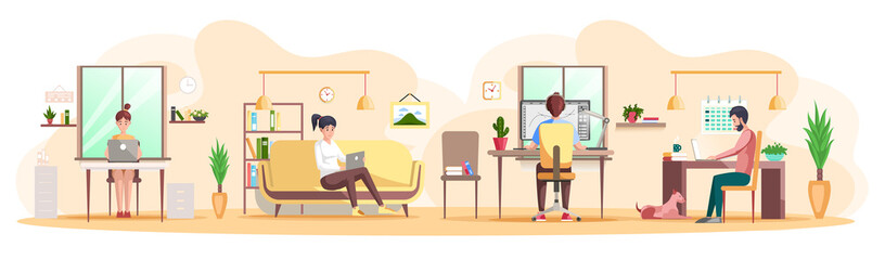 Working people. Office staff, work and communication. Head and subordinates. Various workers, managers team. Business employees on workspace. Office workers. Co-workers. Colleagues project teamwork