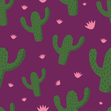 Seamless pattern with cactus. Purple background. Vector illustration