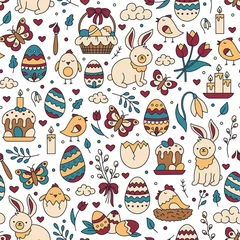 Meubelstickers Easter seamless pattern with vector icons of eggs, chickens, flowers and bunnies. Cute doodle holiday symbols for printing on paper or fabric. © kanvictory