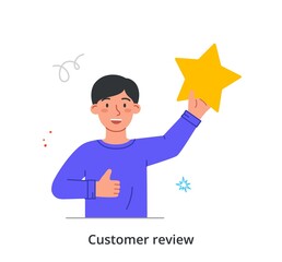 Customer review abstract concept. Smiling man holds yellow star and shows thumbs up gesture. User gives feedback to product or service. Positive assessment or comment. Cartoon flat vector illustration