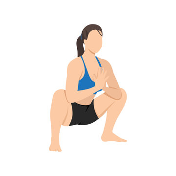 Woman doing garland pose malasana exercise. Flat vector illustration isolated on white background
