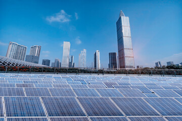 Ecological energy renewable solar panel plant with urban landscape landmarks