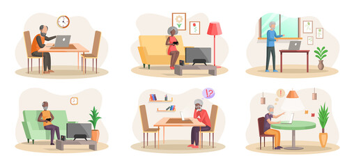 Set of illustrations about elderly people deal with technology. Old characters, seniors mastering modern gadgets concept. Retired men and women are working with laptop and playing on console