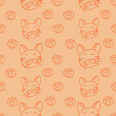 Pattern red cats on an orange background in the style of doodle.