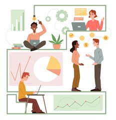 Business people abstract concept. Young men and women work on laptops, analyze financial statistics and promote company. Employees increase income or profit. Cartoon flat vector illustration