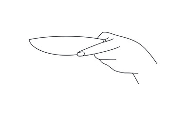 the girl's hand holds a plate or saucer. Side view. Linear style illustration