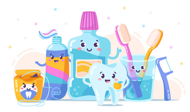 Dental and oral care abstract concept. Colorful poster with products for cleaning teeth. Toothbrush in glass, toothpaste, mouthwash and dental floss. Cartoon contemporary flat vector illustration