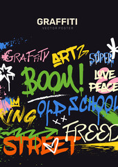 Abstract graffiti poster. Colorful vertical banner with copy space, splashes, and inscriptions boom, old school and king. Design element for social networks and print. Cartoon flat vector illustration