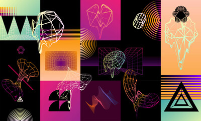 Retro futurism and cyberpunk 3D geometric shapes. Modern vaporwave glitch set.