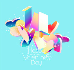 Happy Valentines day template with colorful hearts. Romantic greeting card design. Bright geometric lettering.