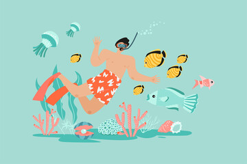 Vector illustration with funny diver, fishes, jellyfish and coral reef.
