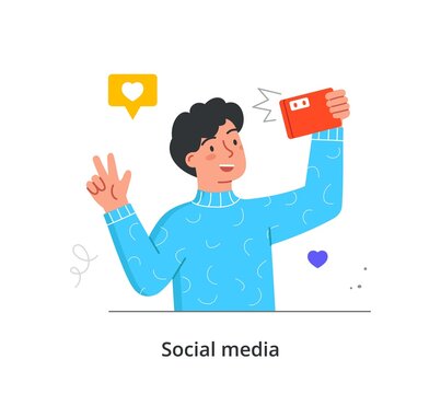 Surfing on social networks concept. Young man holds camera and takes photo for his account with peaceful gesture and smile. Blogger promotes his content on internet. Cartoon flat vector illustration