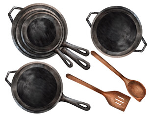 Set of frying pans and  kichenware. Watercollor illustration