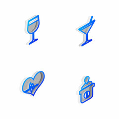 Set Isometric line Martini glass, Wine, Heart rate and Information desk icon. Vector