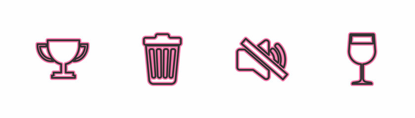 Set line Trophy cup, Speaker mute, Trash can and Wine glass icon. Vector
