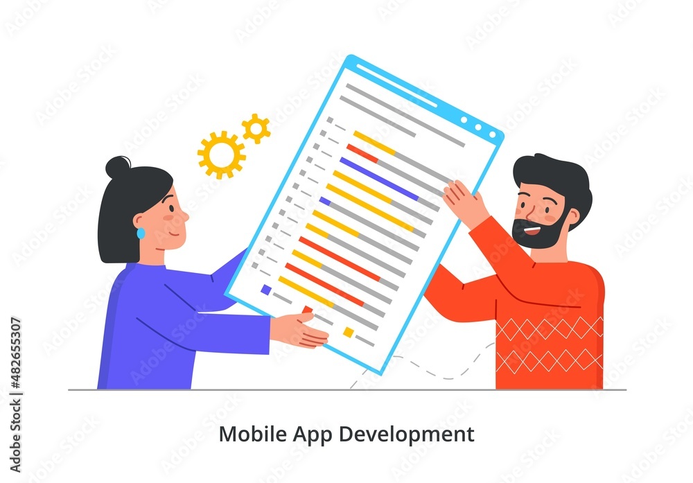 Poster mobile application development abstract concept. man and woman carry large application template with