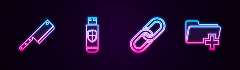 Set line Meat chopper, USB flash drive and shield, Chain link and Add new folder. Glowing neon icon. Vector