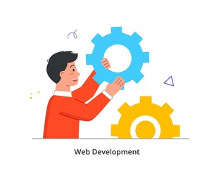 Website development abstract concept. Young man turns cog and configures program files of site. Male character improves performance of digital product. Cartoon modern flat vector illustration