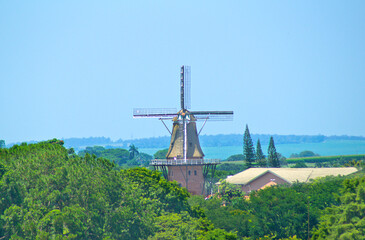 Dutch mill replica over green trees, in Holambra, São Paulo, Brazil, January 22, 2022