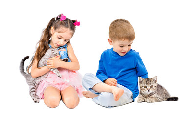 Fototapeta na wymiar Cute little children playing with kittens sitting isolated on white background