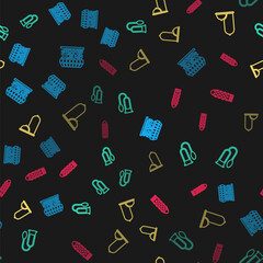 Obraz premium Set line Sex shop building, Penis pump, Condoms safe sex and Dildo vibrator on seamless pattern. Vector