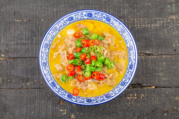 A delicious Chinese Cantonese dish with beef in golden soup