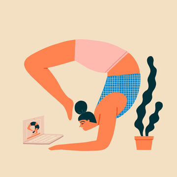 Women doing yoga at home, distance online video class illustration in vector. . Vector illustration