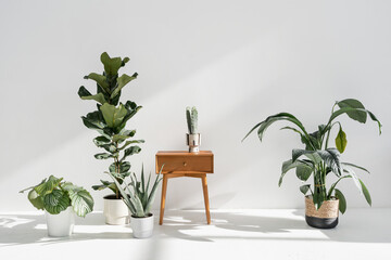 Houseplants and side table in bright modern room