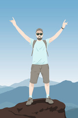 A happy man stands on top of a mountain. Rock climber. Traveler. Tourist. Landscape. The mountains. Peak Conqueror.