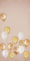 Golden, glitter and white realistic balloons on neutral beige background, vector banner template
