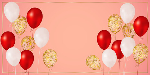 Golden glitter, red and white realistic balloons on pink background, vector holiday banner template - 482660339