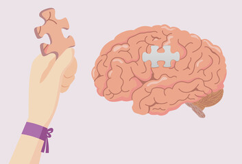 Hand with a purple ribbon holding the jigsaw of brain for add it on space of the puzzle. Concept illustration about Alzheimer and Dementia Awareness week.