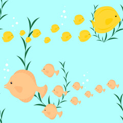 Obraz na płótnie Canvas seamless multicolored pattern of a flock of marine fish. Vector illustration of the underwater world in a flat style