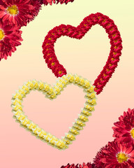 Greeting card with connected hearts.  Two Flower Hearts on a gradient background in pastel colors with a frame of flowers. Postcard for Valentine's Day, Mother's Day, wedding, women's Day