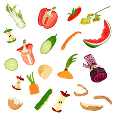 Organic waste, food and home waste used to make compost. Set. Vector illustration.