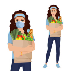 Young woman holding a shopping bag full of healthy food. Vector illustration isolated on white background.