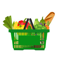 Products in shopping basket. Baguette, fruits and vegetables. Bakery and organic produce, bread and veggies. Isolated on white background. Vector illustration.
