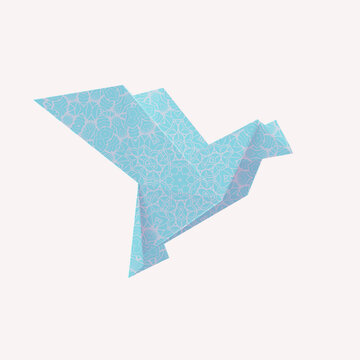 Blue dove origami art. Beautiful paper texture with floral pattern. 