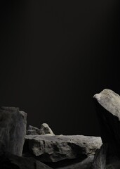 Minimal cylinder pedestal or podium for product showcase backdrop. Stand product mockup. Black color. Rocks and stones background. 3d render illustration